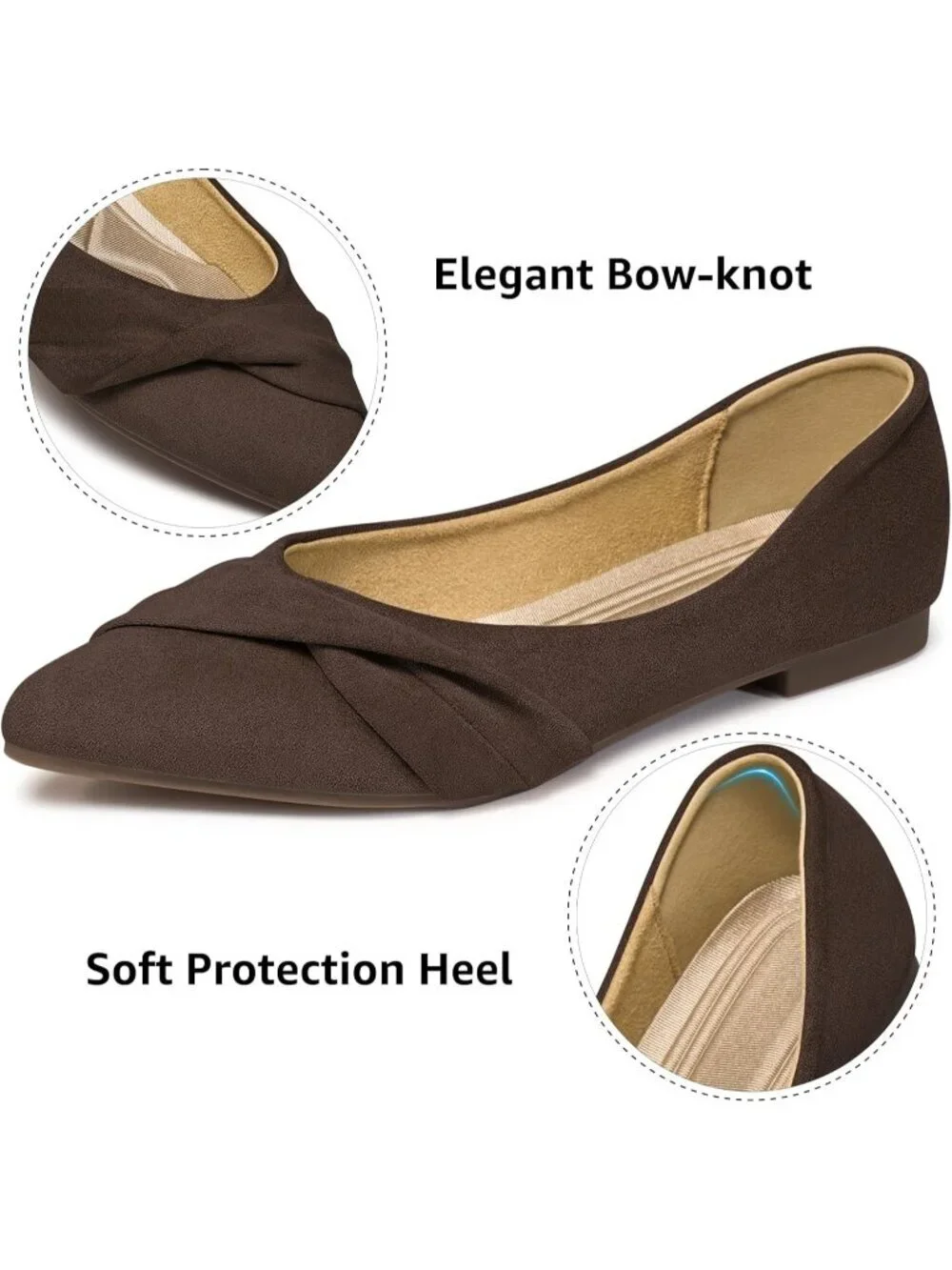 Women's Coffee Suede Comfortable Lightweight Casual Slip On Pointed Toe Bow Flat